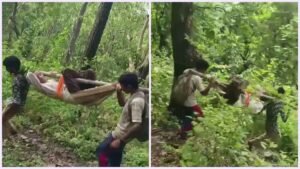 विकास का ढोल पीट रहे नुमाइंदे, 80 साल के बुजुर्ग को एक डंडे में बांधकर पहुंचाया हॉस्पिटल
